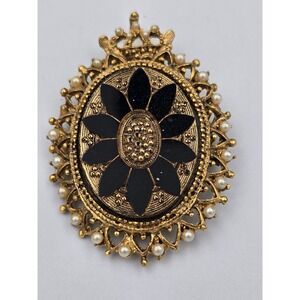 Vintage Gold Tone Black Enamel Faux Pearl Flower Medallion Brooch Pin Pendant